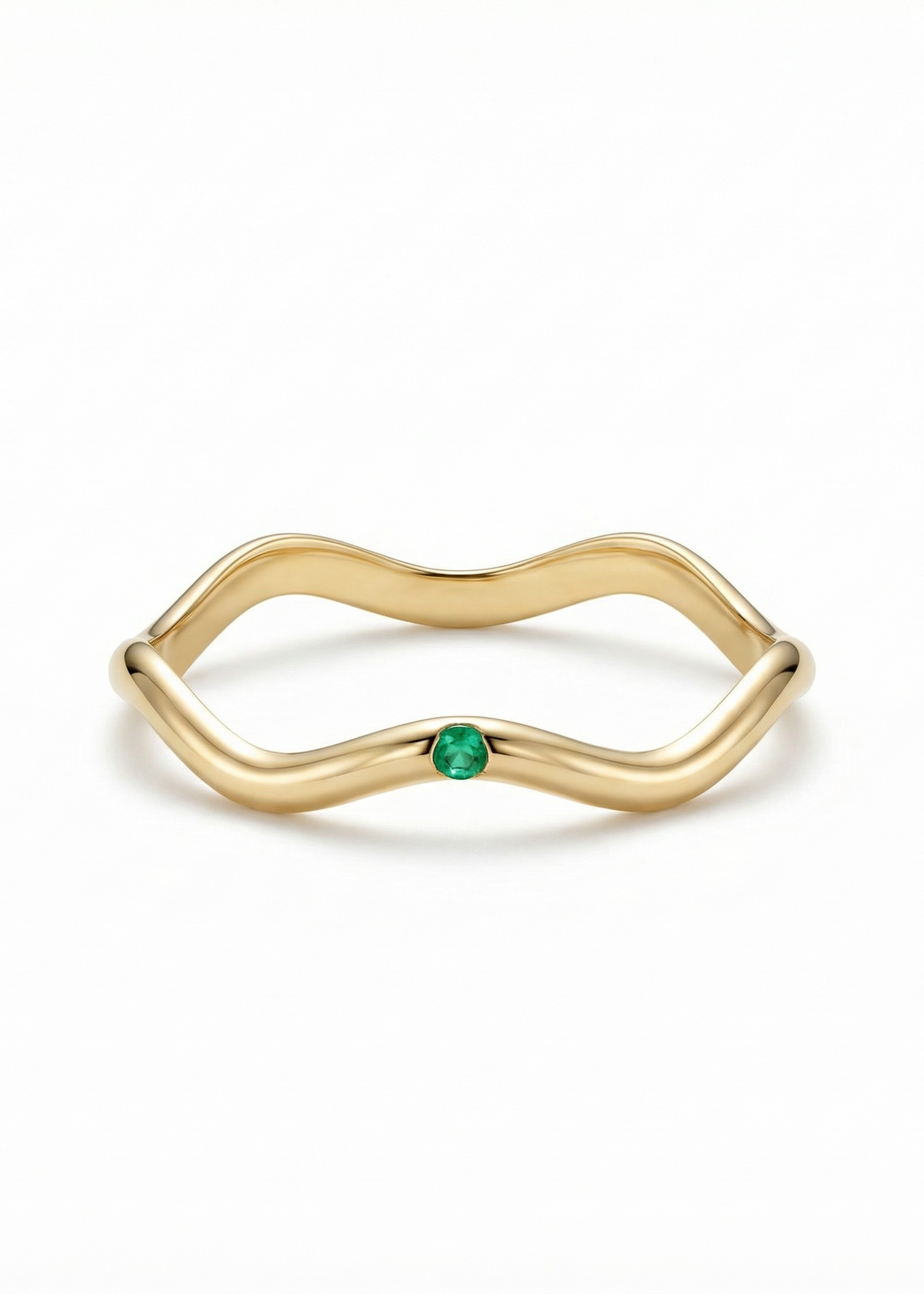 Anel Ondulato com Esmeralda em Ouro Amarelo 18k
