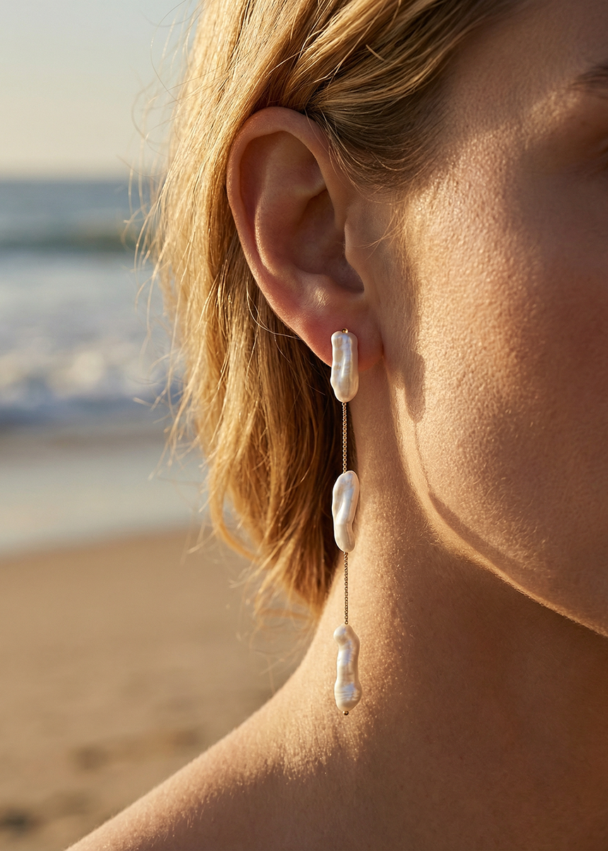 Brincos Trio Pérolas Barrocas em Ouro Amarelo 18k